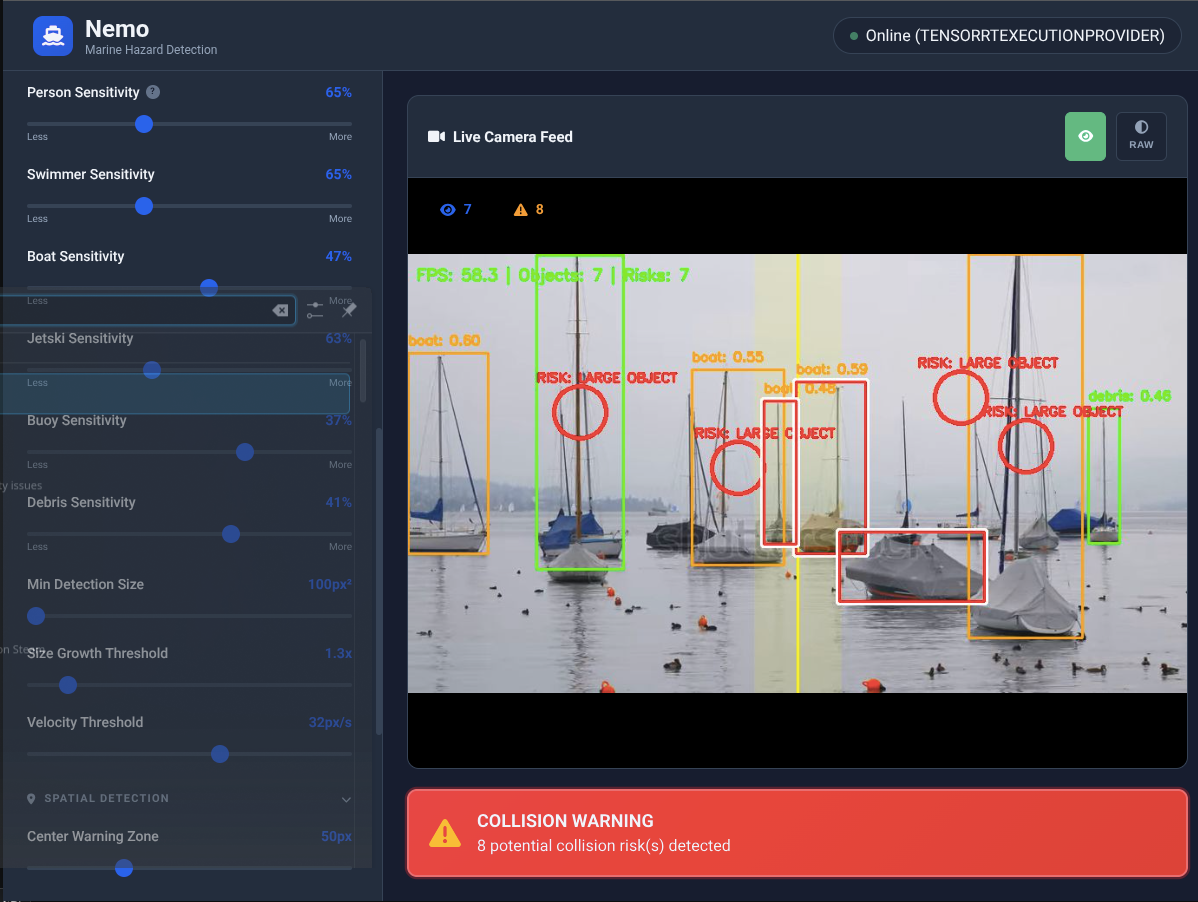 Nemo dashboard showing real-time object detection with bounding boxes