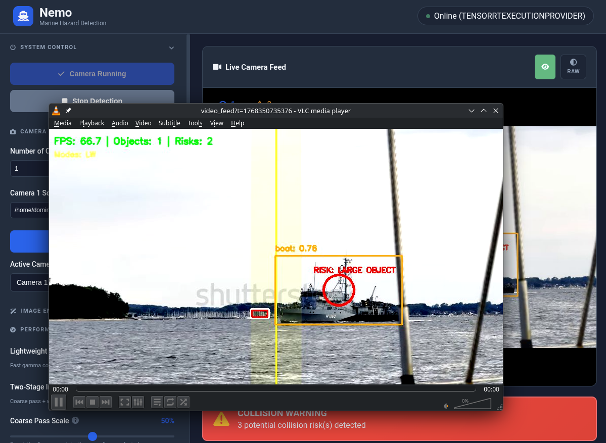 Nemo detection stream output with Camera Routing panel and live object detection